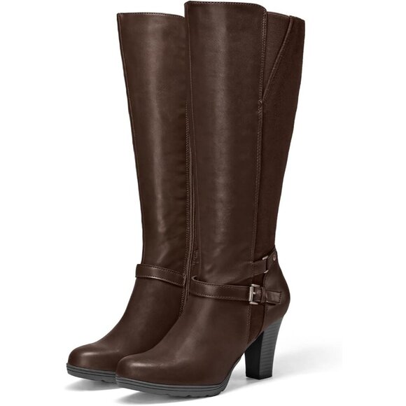 Women's Splicing Brown Knee High Imported Chunky Heel Boots With Zipper Shoes - Picture 3 of 6